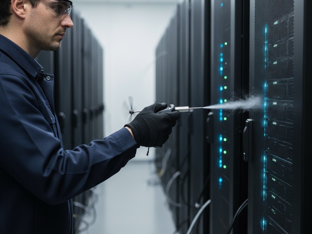 Um técnico parado em um corredor de sala de servidores segurando um medidor de fluxo de ar portátil para testar correntes de ar perto de um rack.