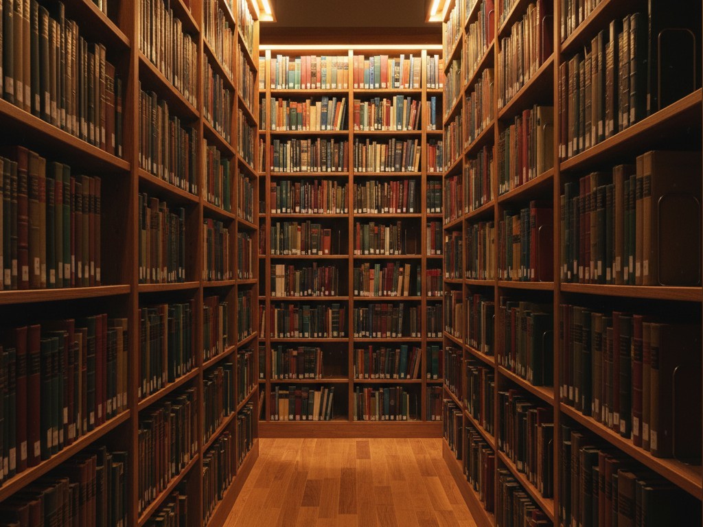Uma seção de estantes da biblioteca onde as lombadas dos livros são iluminadas uniformemente da prateleira superior até a inferior, mostrando cores vivas e texto claro.