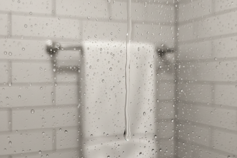Gotas de água e uma faixa vertical de água cobrem uma porta de vidro do chuveiro, obscurecendo os azulejos brancos estilo metrô e o suporte de toalhas ao fundo.