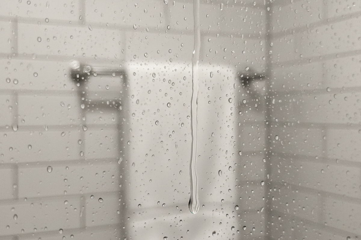 Gotas de água e uma faixa vertical de água cobrem uma porta de vidro do chuveiro, obscurecendo os azulejos brancos estilo metrô e o suporte de toalhas ao fundo.