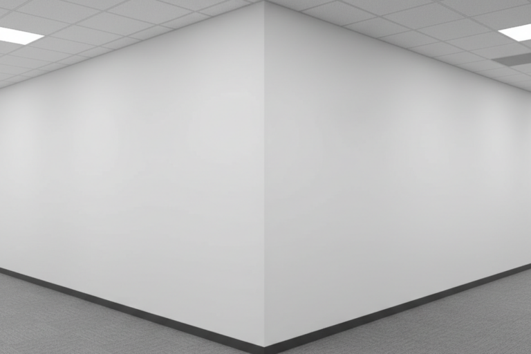 Um canto de parede branco intenso projeta-se em um corredor vazio de escritório revestido com carpete cinza e iluminação em grade no teto. A borda vertical cria uma divisão nítida entre os dois lados visíveis da estrutura do corredor.