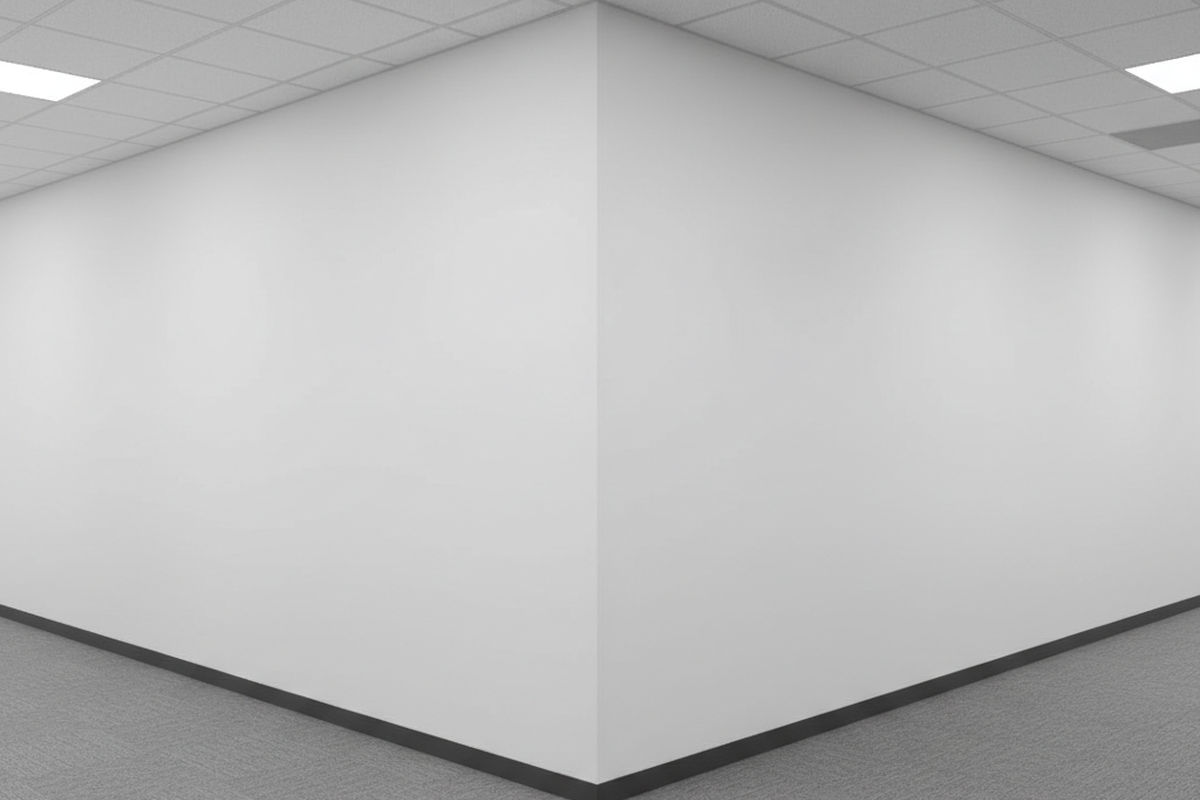 Um canto de parede branco intenso projeta-se em um corredor vazio de escritório revestido com carpete cinza e iluminação em grade no teto. A borda vertical cria uma divisão nítida entre os dois lados visíveis da estrutura do corredor.