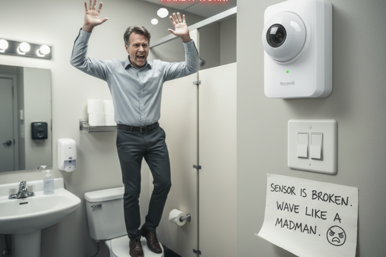 En frustreret mand står på et toilet i et kommercielt toilet med hævede hænder. En vægmonteret bevægelsessensor og en håndskrevet note, der siger at vinke, er synlige ved siden af en lyskontakt.