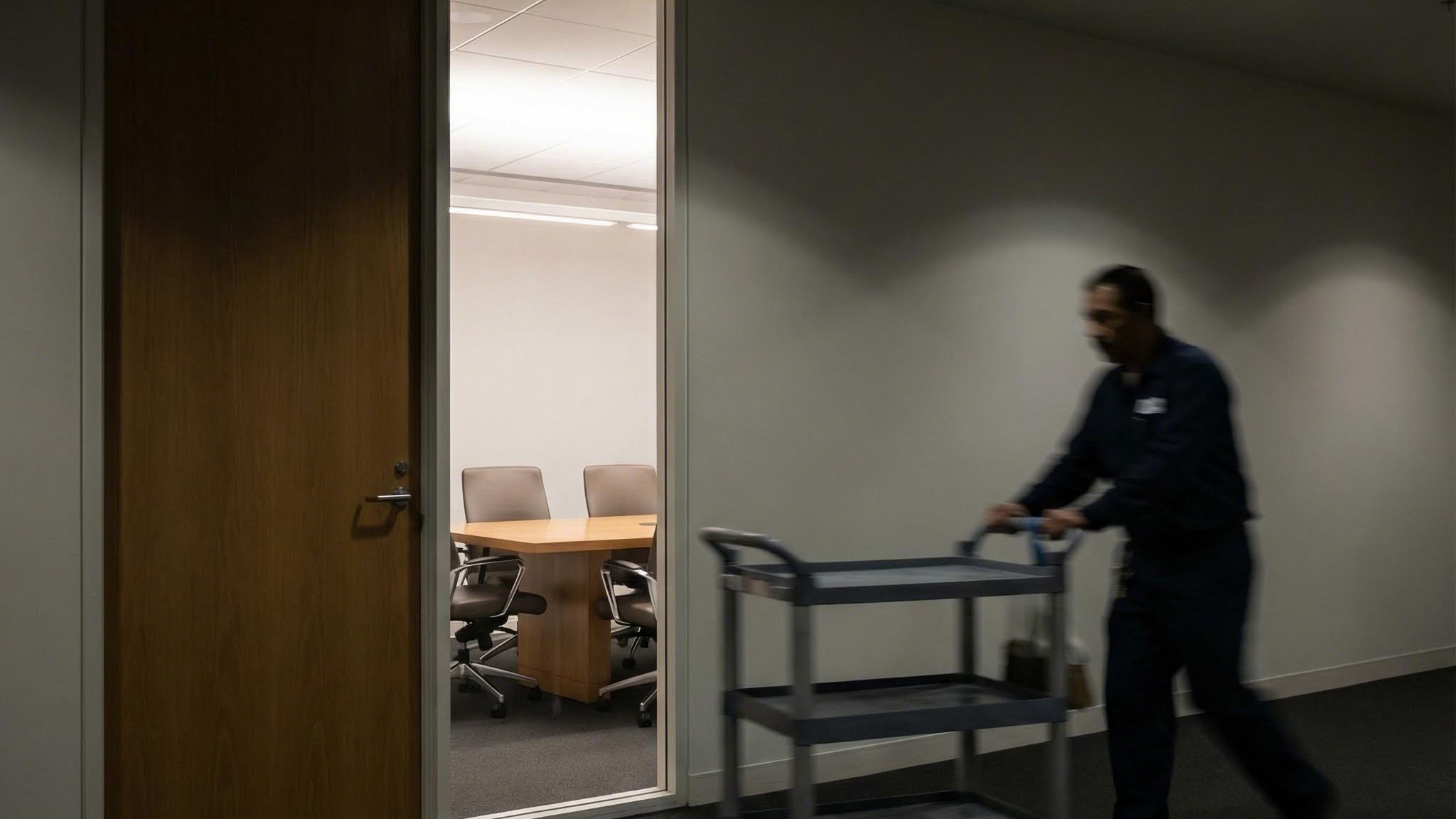 Mouvement dans le couloir déclenchant une salle de conférence vide Une salle de conférence vide la nuit avec les lumières allumées, vue à travers une vitre latérale, tandis qu'un agent d'entretien pousse un chariot dans le couloir à l'extérieur.