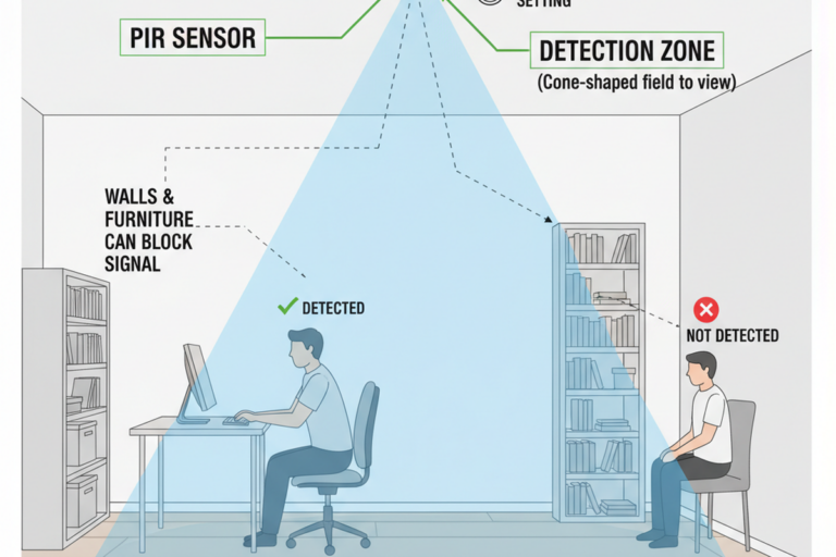 Diagrammet viser en loftmonteret PIR-sensor, der projicerer en kegleformet detektionszone over et kontor. En siddende person ved et skrivebord falder inden for zonen, mens en anden siddende person er uden for den bag møbler.