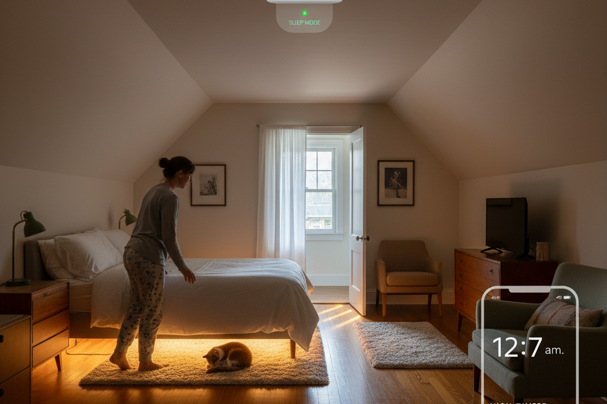 Um quarto escuro mostra uma pessoa de pijama perto da cama enquanto um gato deita no tapete. Um sensor de teto rotulado como modo de vaga e uma sobreposição estilo telefone exibem 12:17 a.m.