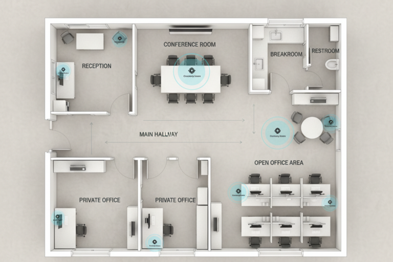 En mærket plantegning af en lille kontor-suite viser et konferencerum, reception, gang, pauseområde, toilet, private kontorer og et åbent kontorområde. Blå cirkler markerer PIR- og dual-tech-sensor dækningsteder.