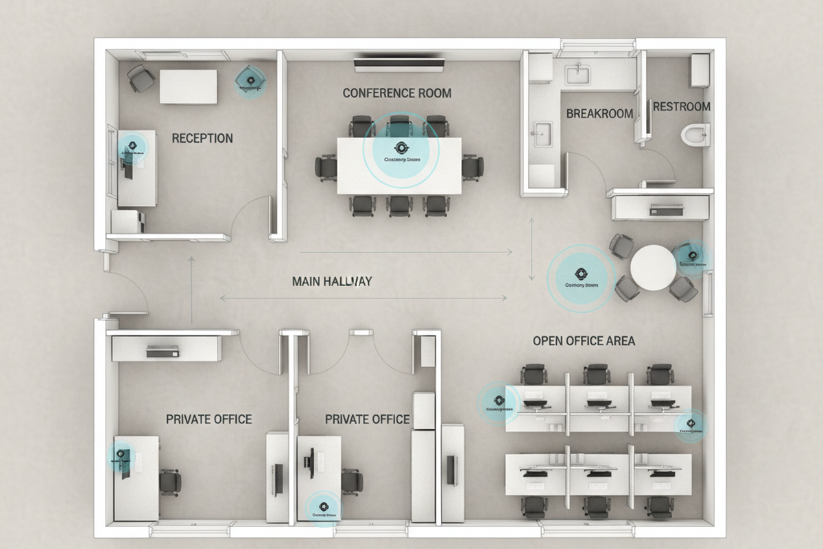 En mærket plantegning af en lille kontor-suite viser et konferencerum, reception, gang, pauseområde, toilet, private kontorer og et åbent kontorområde. Blå cirkler markerer PIR- og dual-tech-sensor dækningsteder.