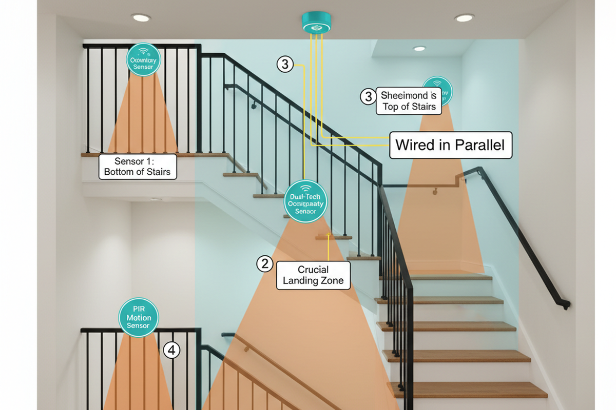 Ein Diagramm einer zweistufigen Treppe zeigt mehrere Bewegungsmelder mit orangefarbenen Erkennungskegeln, die die unteren Treppen, die Landungszone und die oberen Treppen abdecken. Beschriftungen zeigen die Parallelverdrahtung und heben den entscheidenden Landungsbereich hervor.