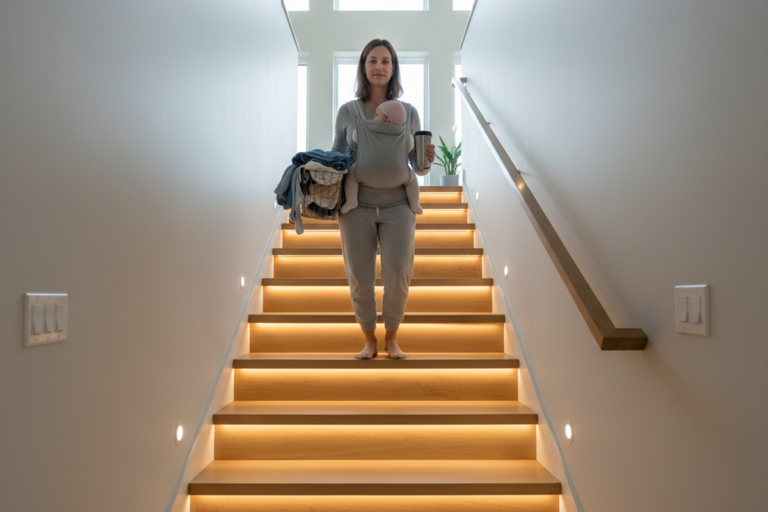 Žena schází po moderním schodišti s teplým osvětlením schodů. Na stěnách u schodiště jsou vidět vypínače.