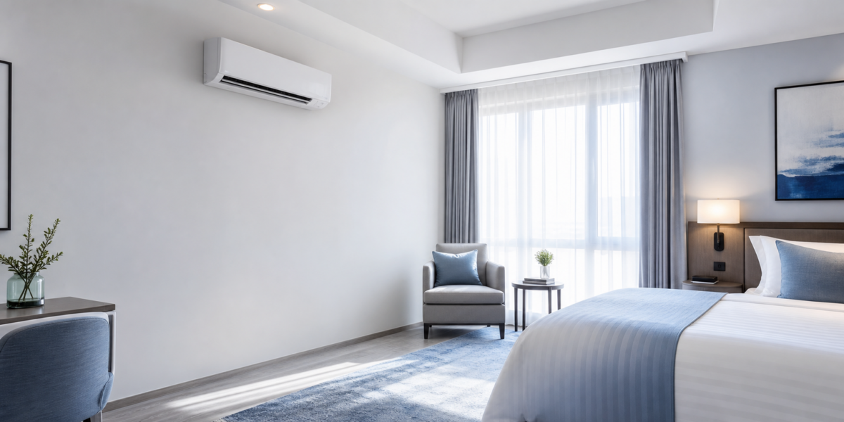 Bright residential bedroom with a wall-mounted air conditioner