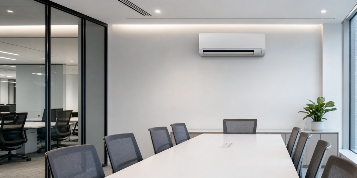 Modern office meeting room with a wall-mounted air conditioner