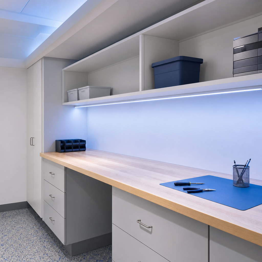 Indoor utility lighting with low voltage motion sensor