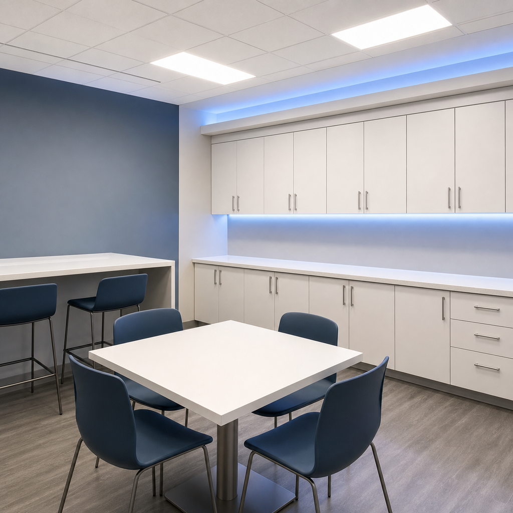 Indoor break room lighting with wall mount occupancy sensor