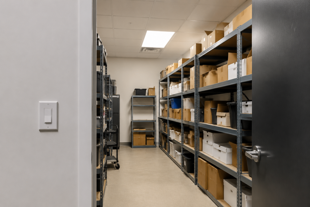 Storage room with shelving, ceiling lighting, and an existing wall switch