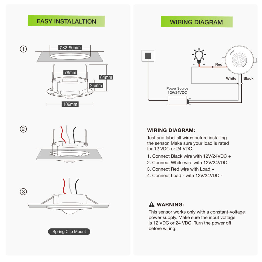 RZ038 12V 24V DC wiring and spring clip installation diagram