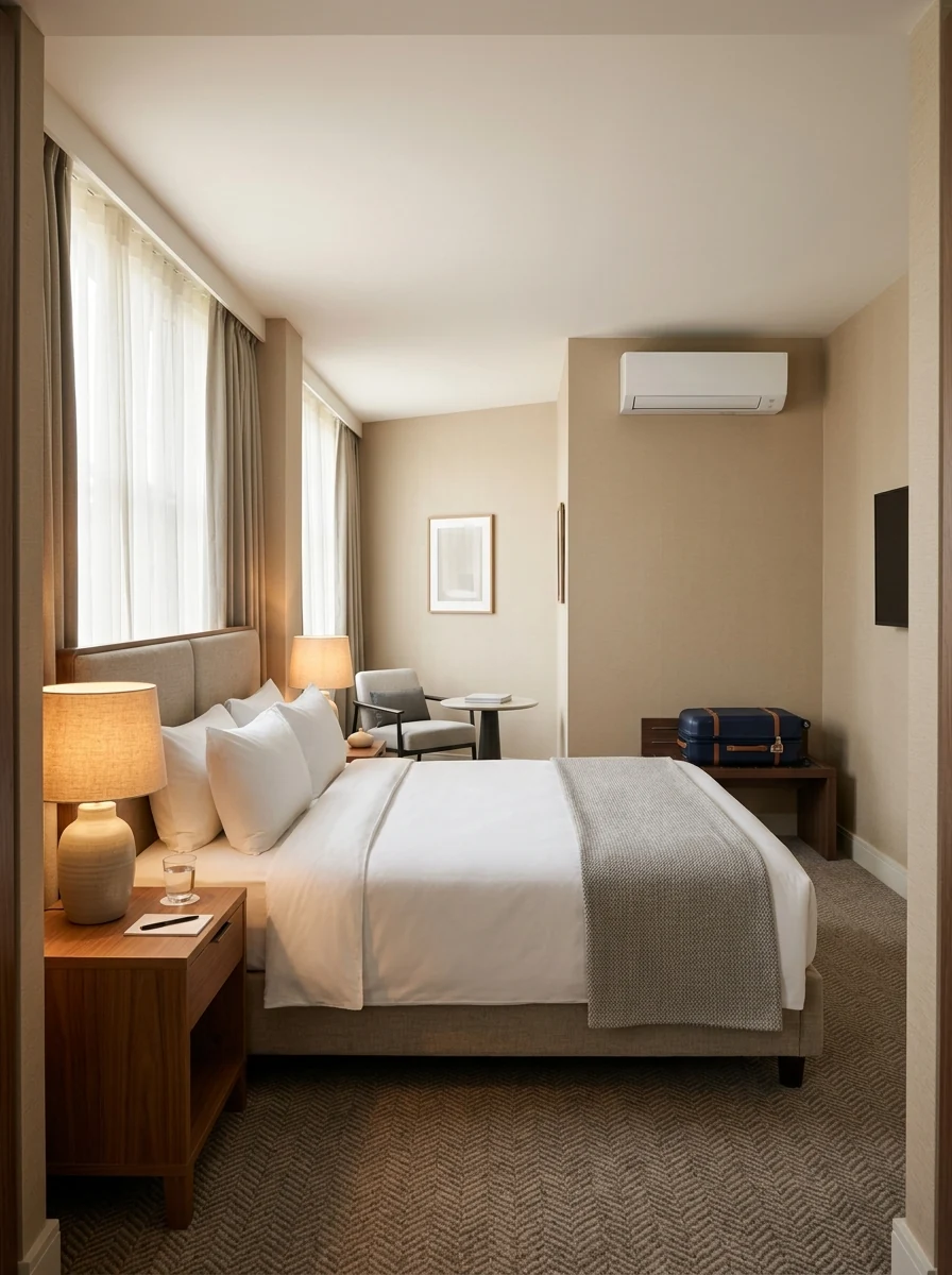 Hotel guest room with a made bed, luggage bench, and wall-mounted split air conditioner