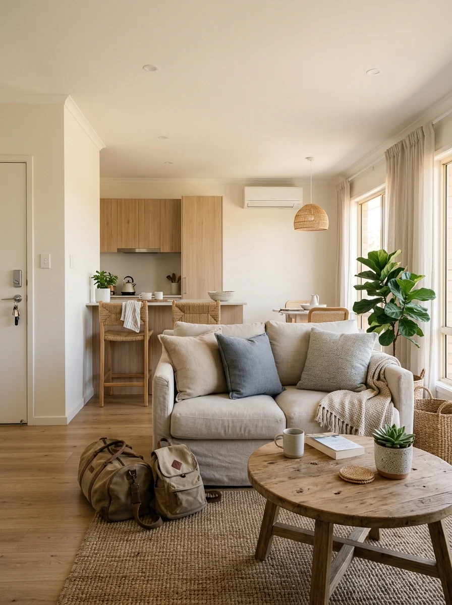 Vacation rental living area with a sofa, kitchenette, travel bags, and split air conditioner