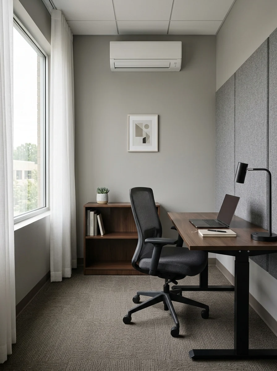 Private office with a desk, ergonomic chair, and wall-mounted split air conditioner