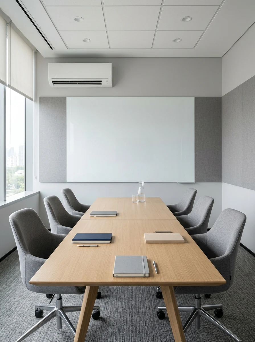 Empty meeting room with a conference table, six chairs, and wall-mounted split air conditioner