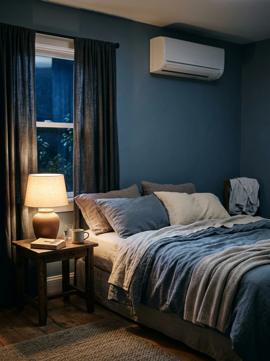 Home bedroom at night with warm bedside lighting and a wall-mounted split air conditioner