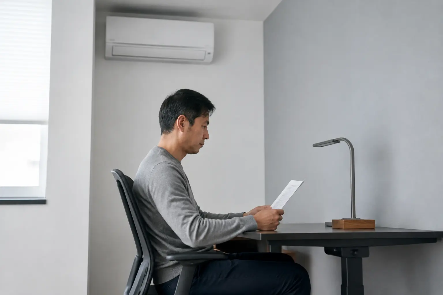 Person reading quietly in a home study with a wall-mounted air conditioner