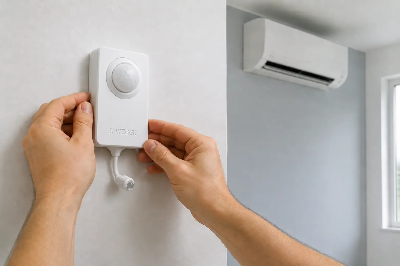 Hands checking the position of an RZ050 controller with a wall-mounted air conditioner in view