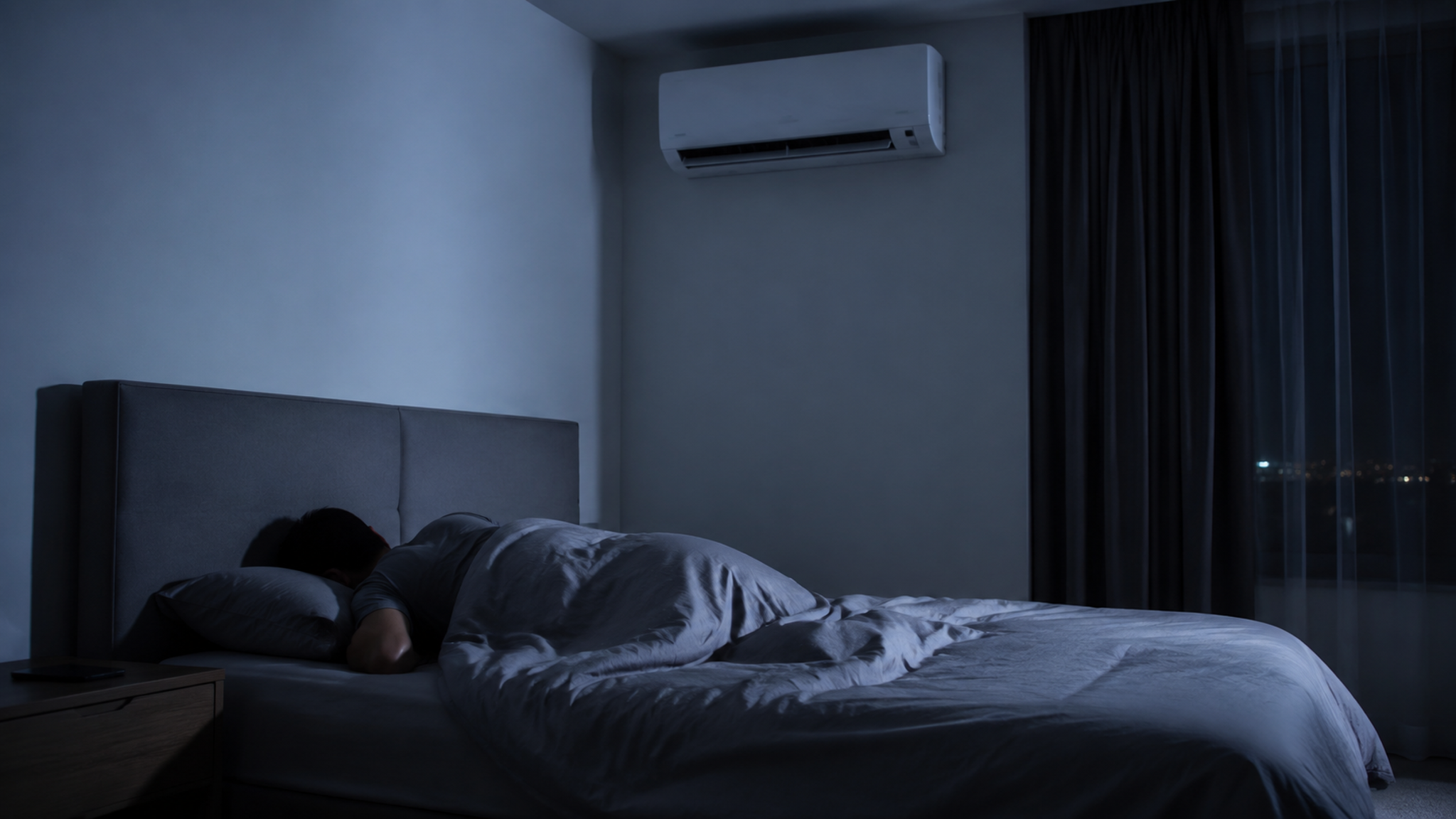 Person sleeping in a dark bedroom with a wall-mounted air conditioner
