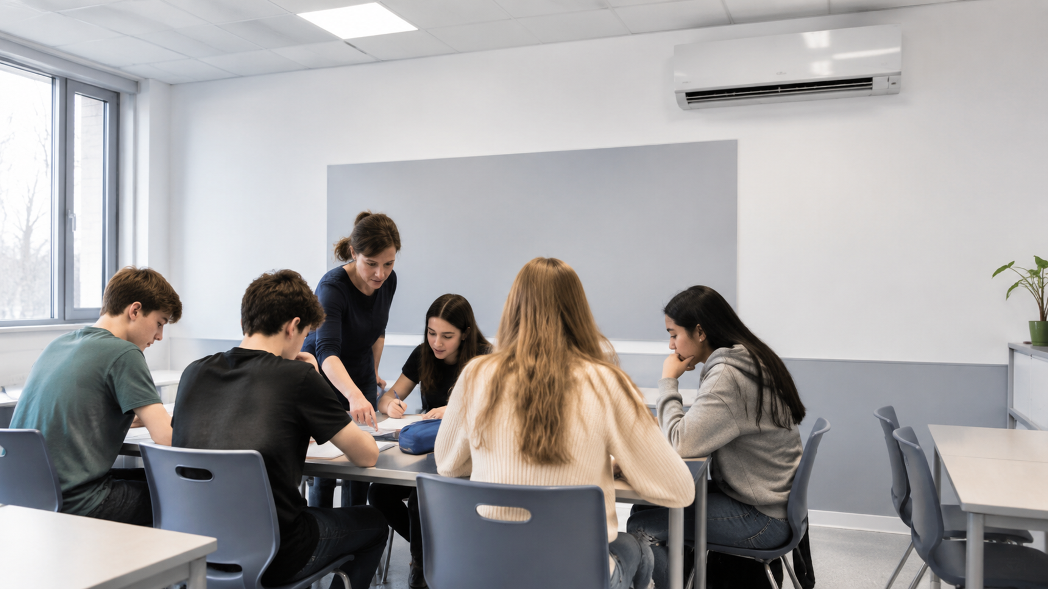Teacher helping students in a classroom with a wall-mounted air conditioner