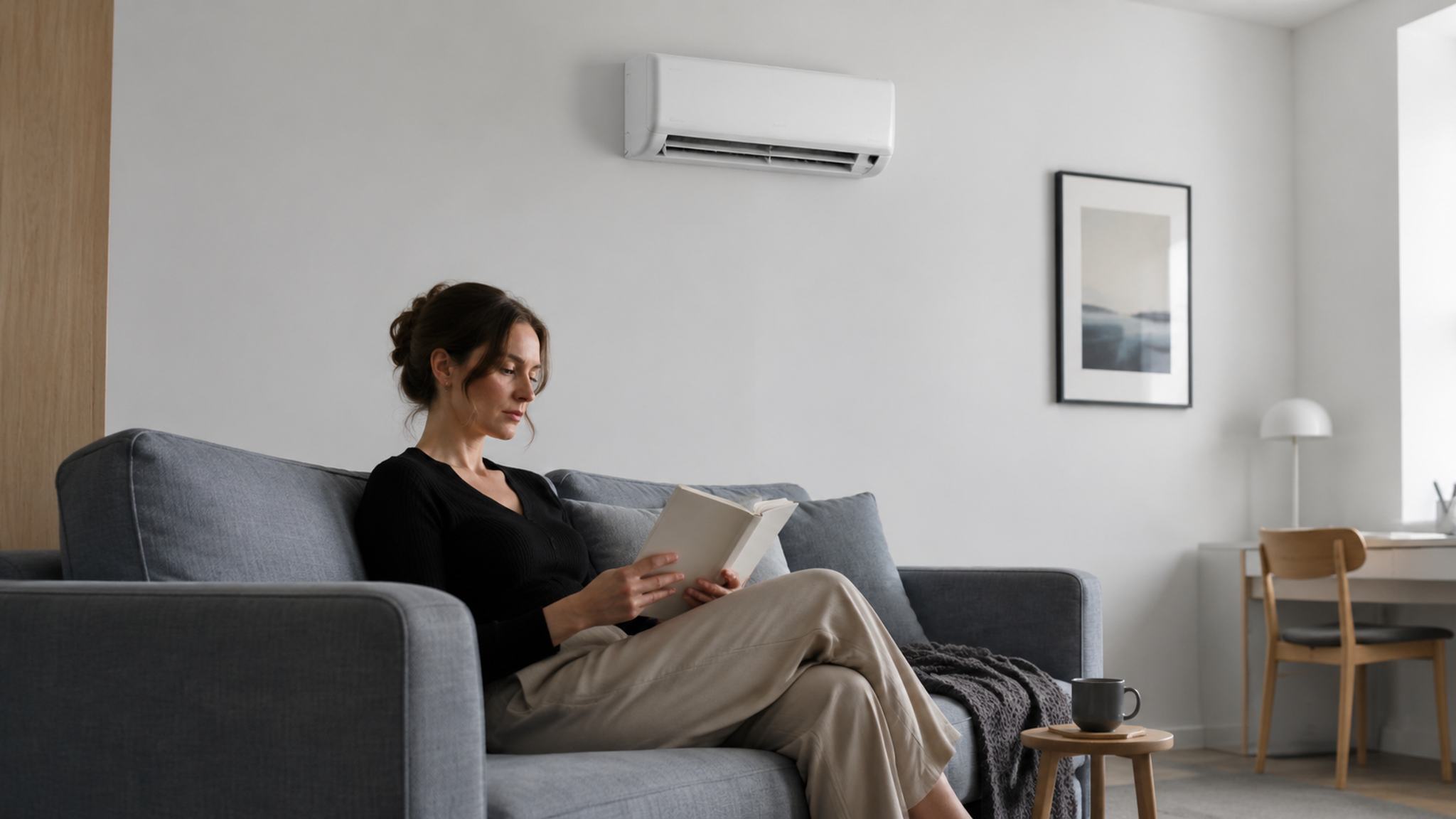 Person reading quietly in a living room with a wall-mounted air conditioner