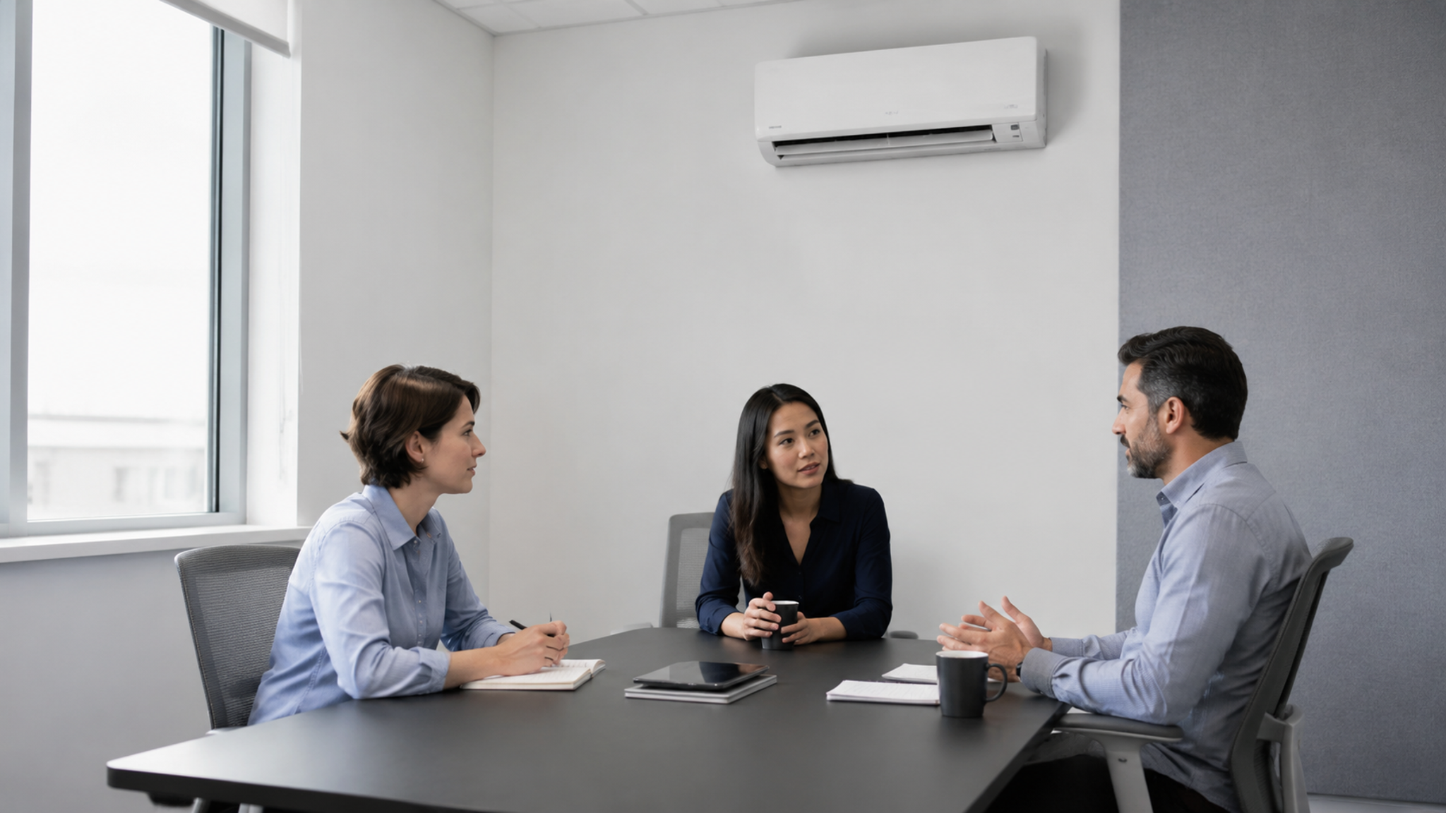 Three colleagues meeting in an office with a wall-mounted air conditioner